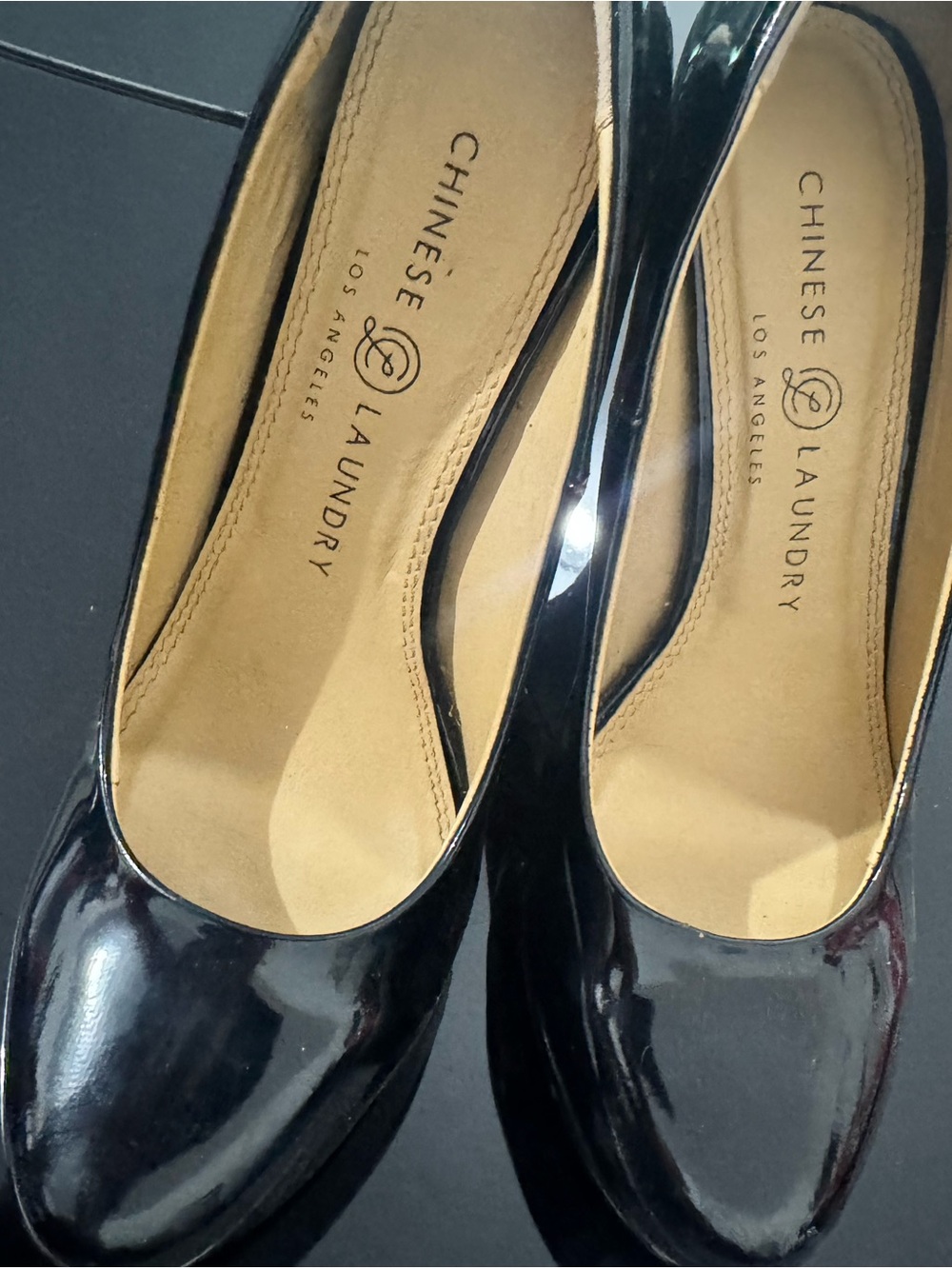 Chinese Laundry Black Patent Round-Toe Pumps with Low Heel